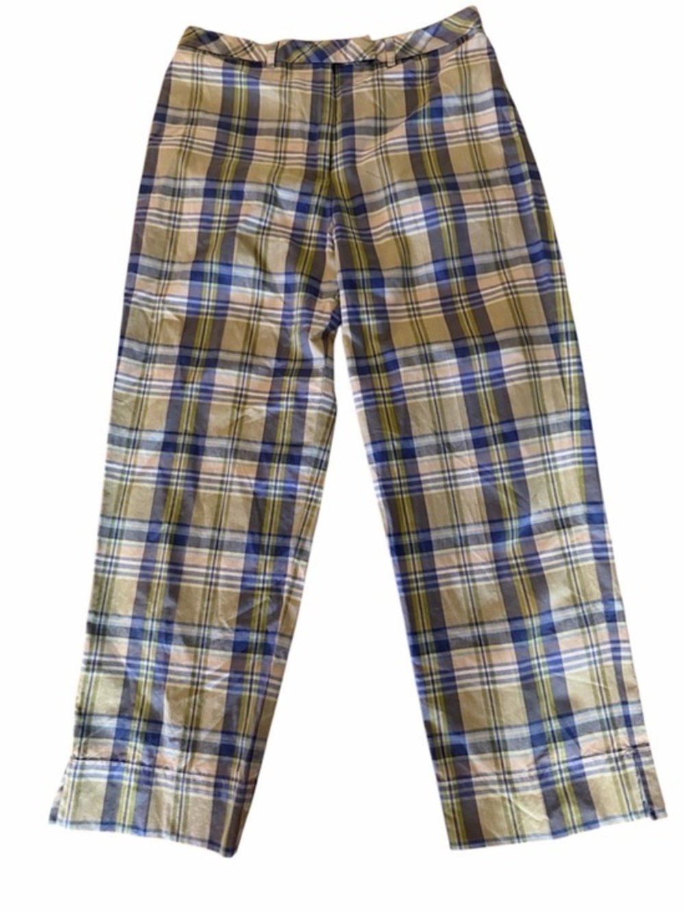 Vintage Ann Taylor Women's Madras Plaid Cotton Capri Pants Khaki Green Blue